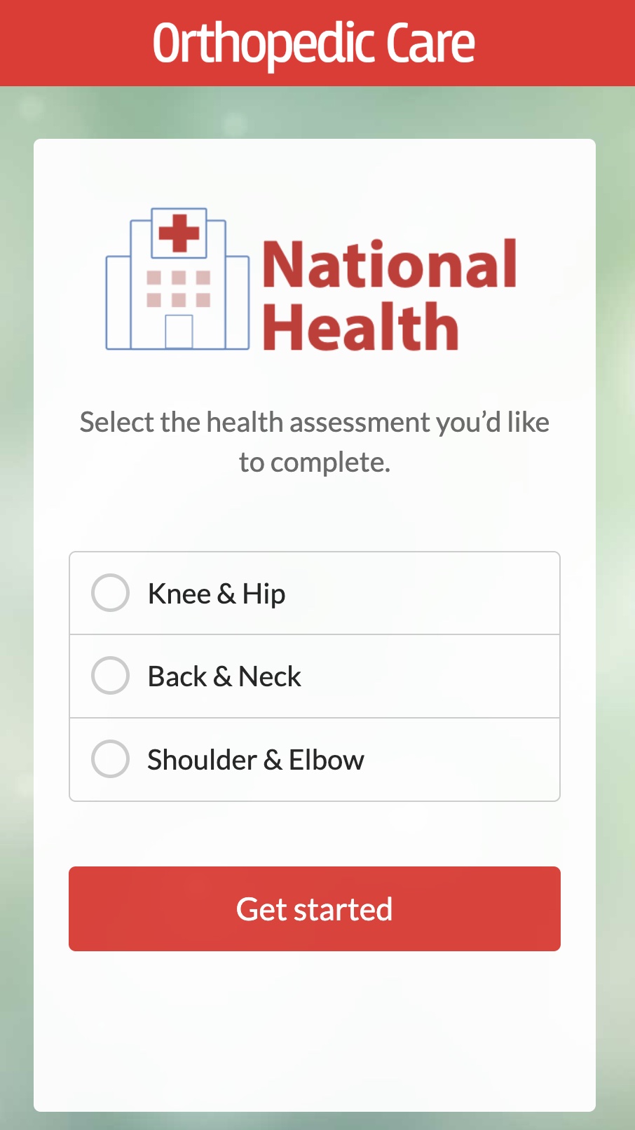 White-label orthopedic HRA selection page